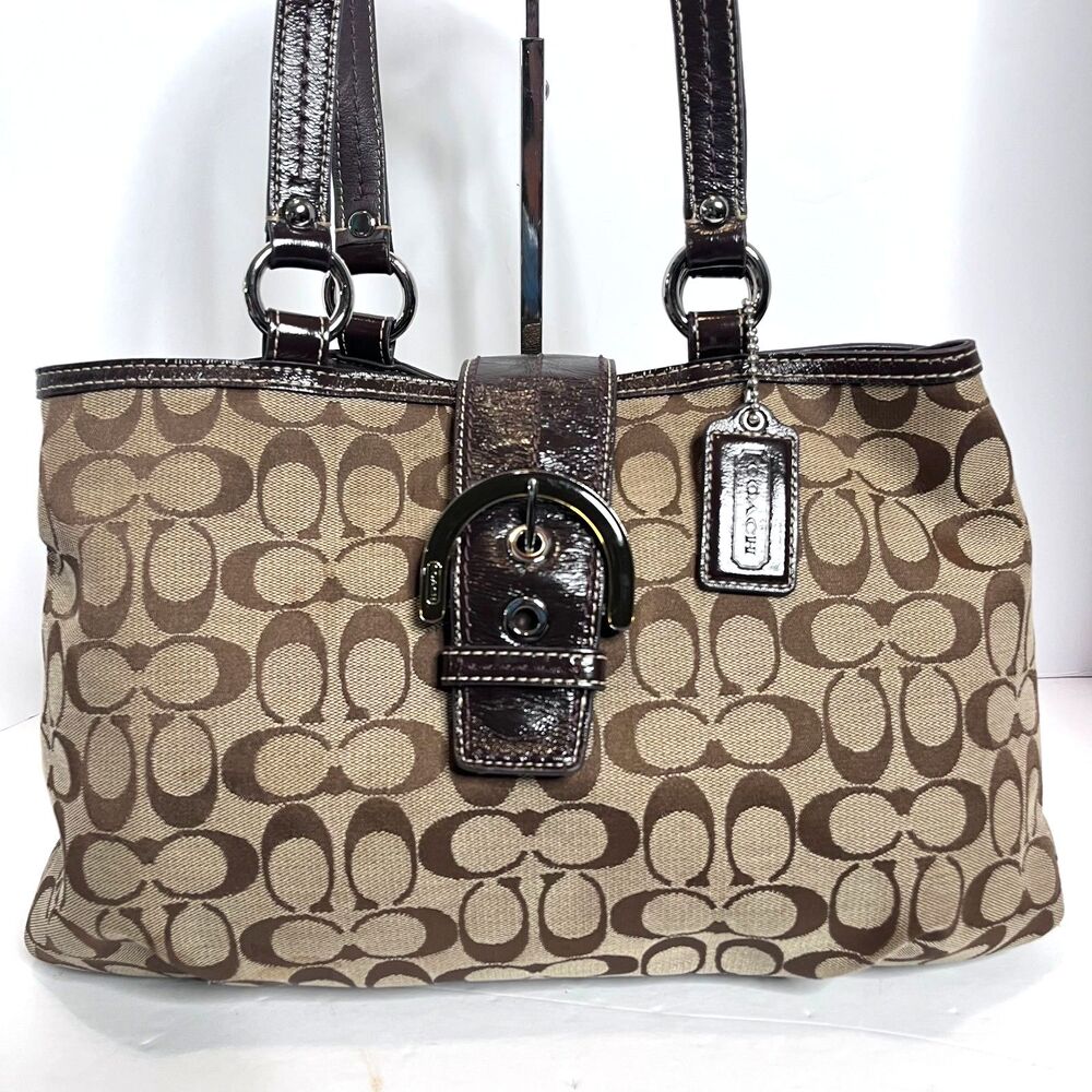 Coach Soho Vtg Signature "C" Brown Canvas  & Leather Silver Tone Tote Y2K